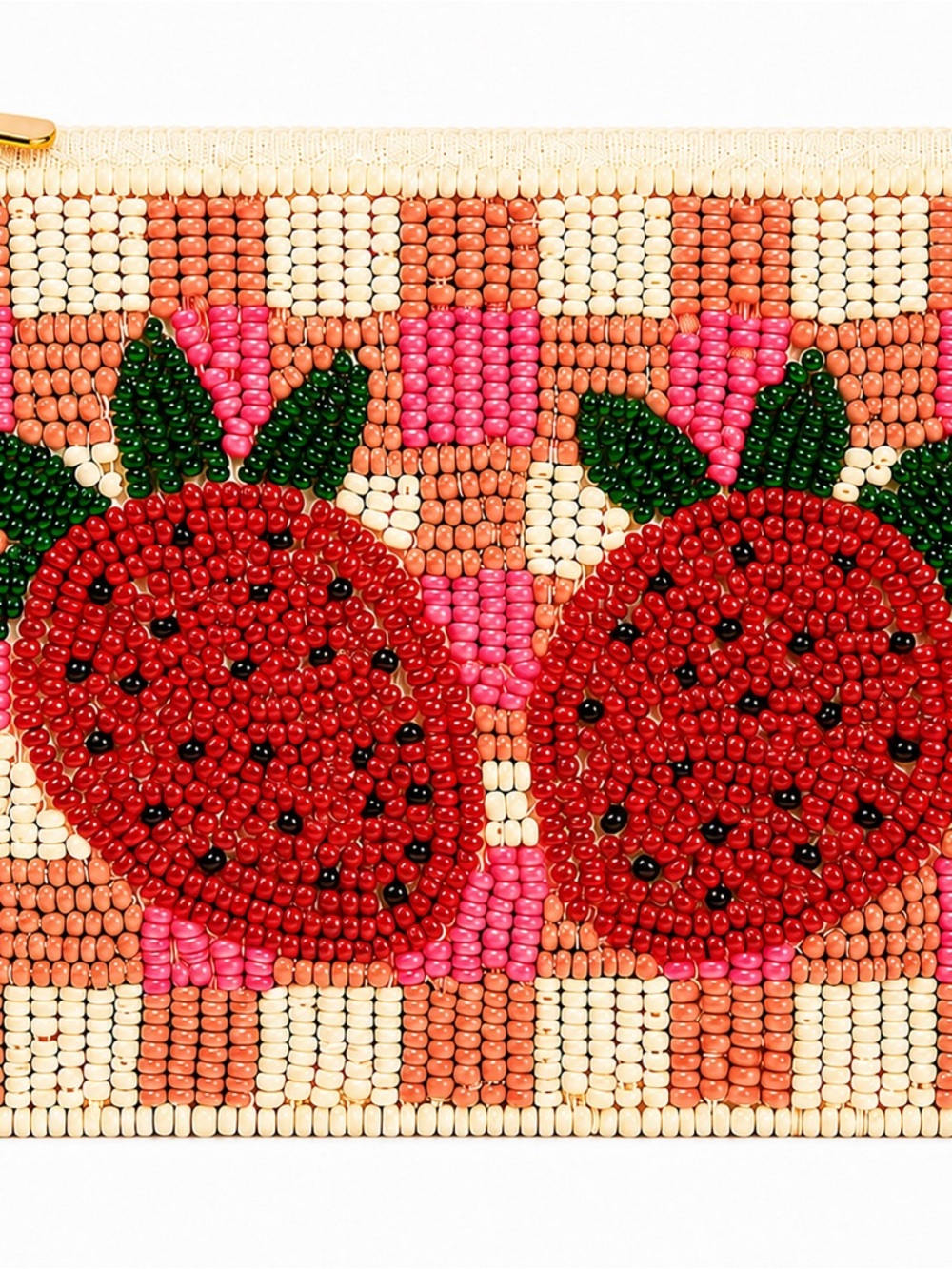 Hand Beaded Strawberry Gingham Zipper Pouch - Made In India
